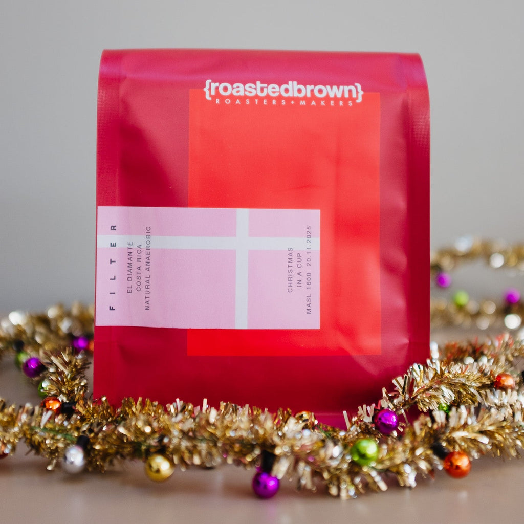 Roasted Brown's Limited Edition Christmas Coffee Blend in special edition red packaging. Roasted for Filter Brewing